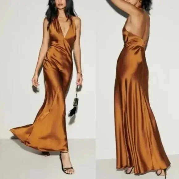 Reformation | Dresses | Reformation Daniela Silk Dress New Copper Halter V  Neck Satin Sleeveless Maxi 2 | Poshmark